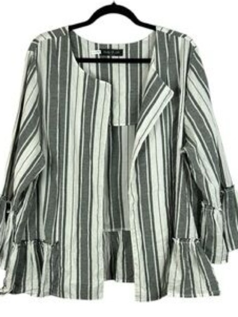 August Silk Striped Open Jacket - Gray & White Bell Sleeve Peplum, Size Small